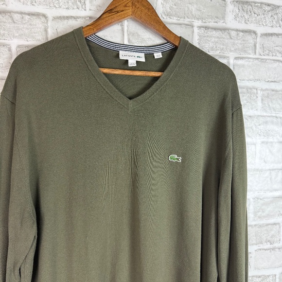 LACOSTE Authentic Forest Green V-Neck Pullover Cotton Sweater Mens 7 / 2XL - Picture 1 of 9